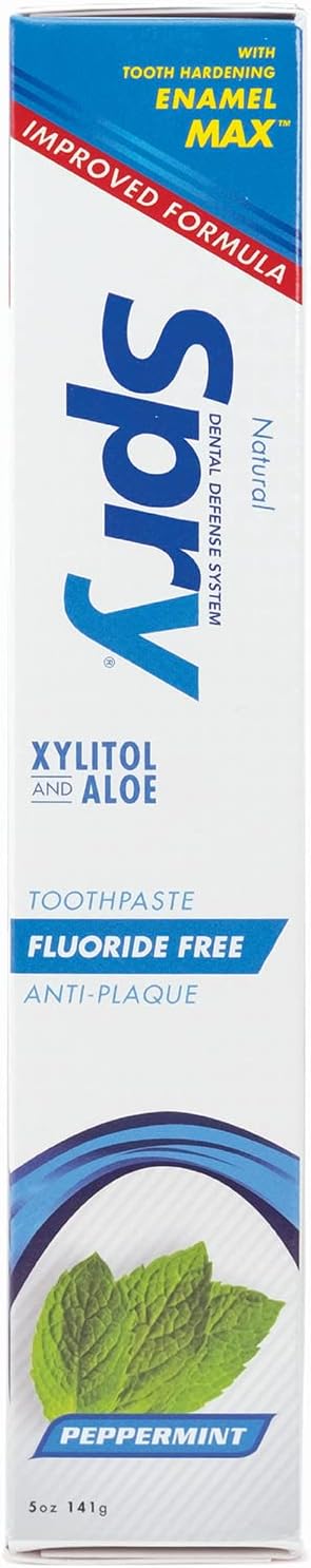 Spry Natural Fluoride Free Xylitol Toothpaste, 5oz Peppermint (Pack of 2) | Gentle for Sensitive Teeth Whitening and Remineralizing, Bad Breath Freshening, Dry Mouth Moisturizing, for Adults and Kids