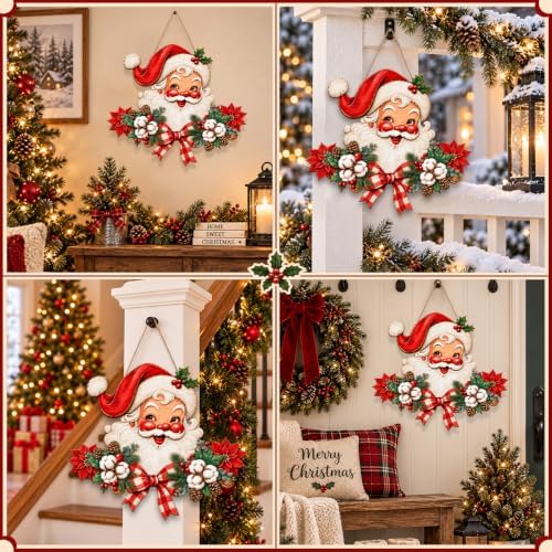 Christmas Decorations Vintage Santa Hanging Wood Sign for Front Door Decor