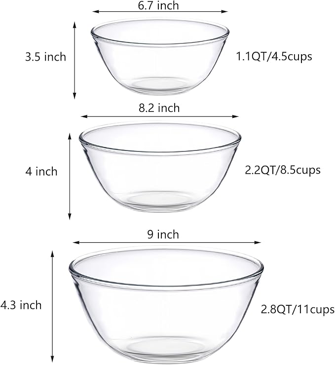 Borosilicate Glass Mixing Bowls Set of 3 (2.8, 2.2, 1.1QT) - Heavy Duty, Scratch Resistant, Non-Toxic & Lead-Free – Oven/Microwave/Dishwasher/Freezer Safe – Ideal for Meal Prep, Baking & Serving