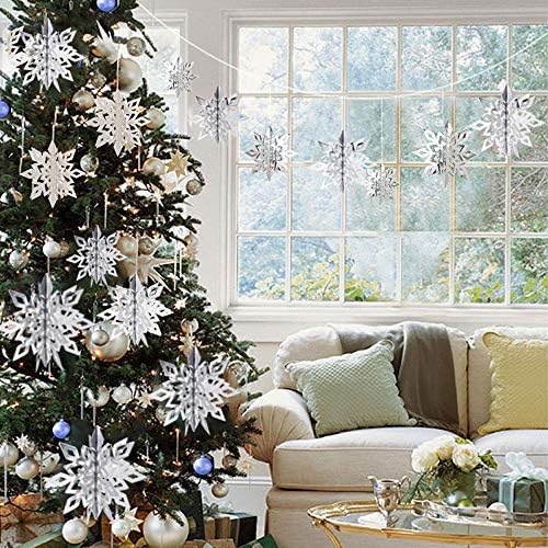 Snowflake Decorations, Paper Christmas Hanging Decor Indoor, Silver, 14-Pc