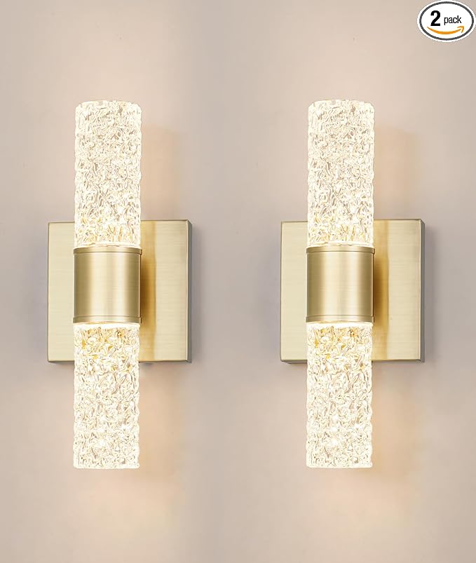 Crystal LED Wall Sconces Set of 2, Brushed Gold Bathroom Light Fixtures, Modern Bathroom Sconce Lights with Wired LED for Bedroom,Living Room,Hallway | Gold Vanity Wall Lighting & Crystal Wall Decor
