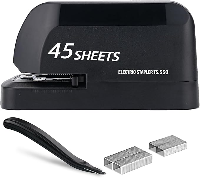 Heavy Duty Electric Stapler Value Pack, 45 Sheet Capacity, Includes 1500 Staples & Staple Remover, No-Jam, Faster Stapling, Automatic Stapler Desktop,AC Adapter Powered (Black)