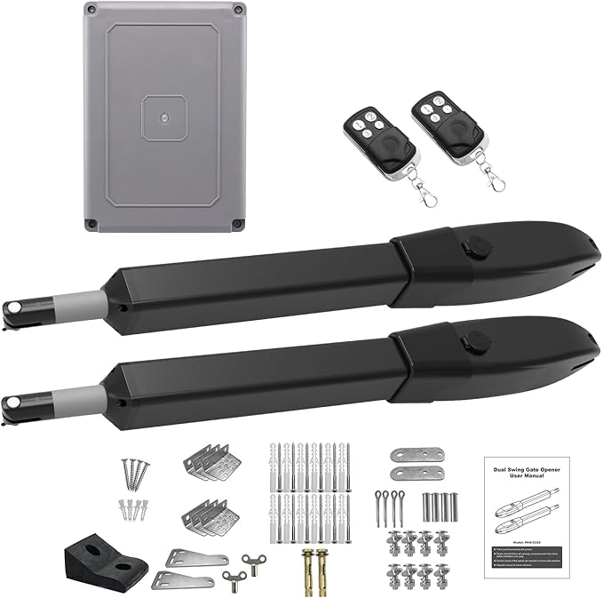 JUJIANG Automatic Gate Opener with Remote Complete Kit for Swing Gate Up to 770lb 16FT per Arm, Electric Gate Opener Medium Duty Dual Swing Gate Opener Automatic Gate Motor 60W AC Powered PKM-C026