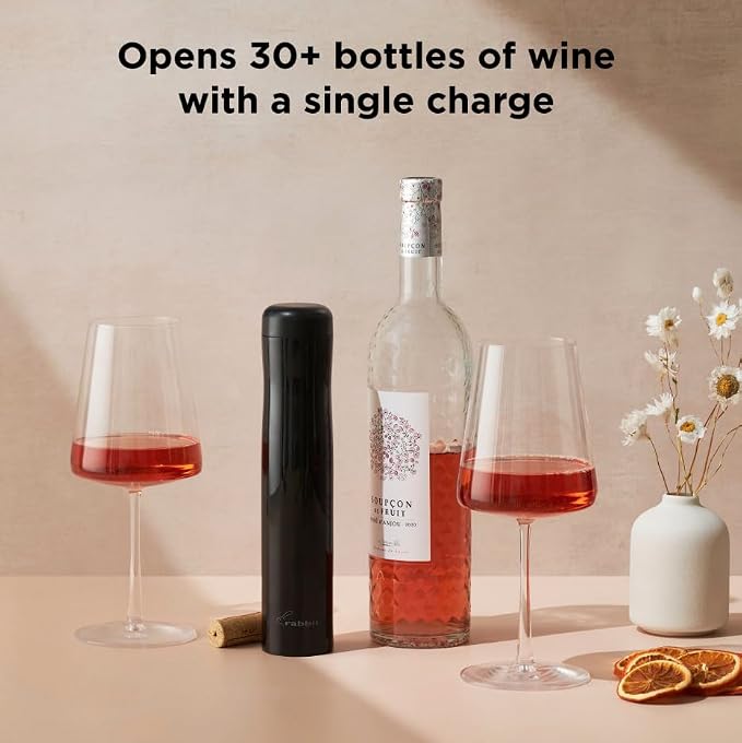 Rabbit Automatic Electric Corkscrew Wine Opener, Cordless Rechargeable, One-Touch Operation, Sleek Shiny Black Finish, Easy to Use for Wine Lovers