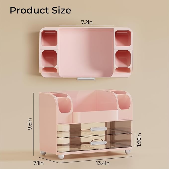 UFORU Makeup Organizer for Vanity with 2 Large Drawers, Cosmetic Display Case with Brush Holders, Easy to Storage for Bathroom Countertop Skincare, Perfume, Pink