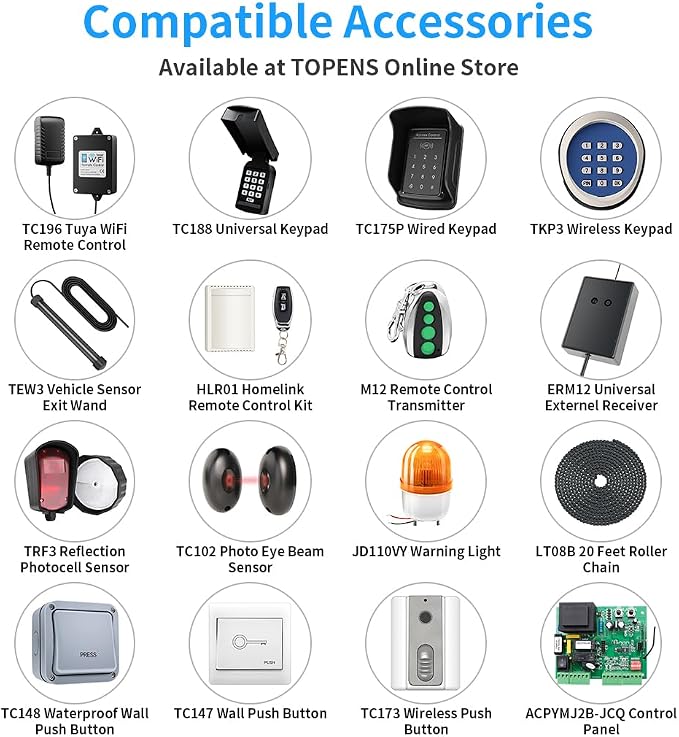TOPENS CK2600 Automatic Sliding Gate Opener Chain Drive Industrial Commercial 1-1/4 HP Gate Motor for Heavy Driveway Slide Gates Up to 5700 Pounds, AC Powered with 20ft Roller Chain and Remote Control