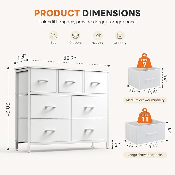 Sweetcrispy 7 Drawer Dresser with Fabric Bins Fabric Storage Tower Organizer for Bedroom Closet Hallway Entryway Tall Chest of Drawers with Steel Frame Wood Top Easy Pull Handles,White