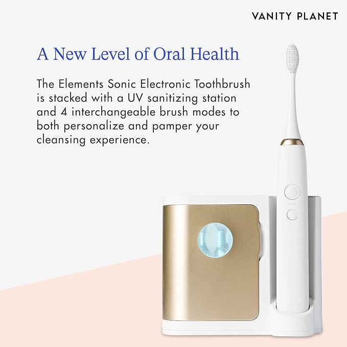 Vanity Planet Elements Ultrasonic Electric Toothbrush - Gold - Advanced Oral Care with UV Sanitizing Charger Base with 3 Replacement Heads - 99.9% Effective Keeping Your Teeth Clean | Advanced Oral Care with UV Sanitizing Charger Base with 3 Replacemen...