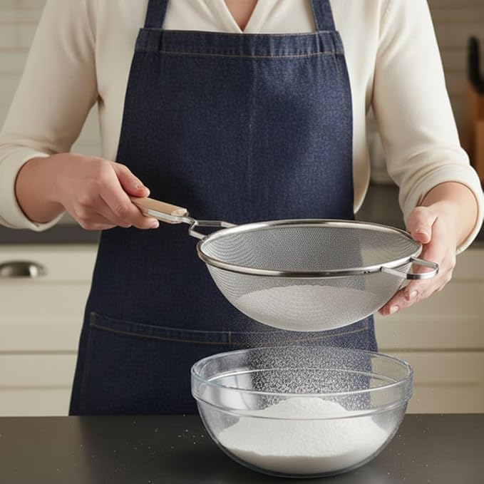 TrueCraftware- 10-Inch Single Fine Mesh Strainer Stainless Steel 10-3/4" Handle Length Wooden Handle- Kitchen Utensil Food Strainer Skimmer Spoon for Cooking Sieve Sifters Rice Pasta Fruits Vegetable