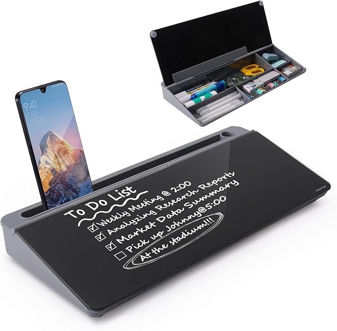 TSJ OFFICE Desktop Whiteboard Dry-Erase-Board - Computer Keyboard Stand White Board Surface Pad with Drawer, Desk Organizers with Accessories for Office, Home, School Supplies - Black＆Grey