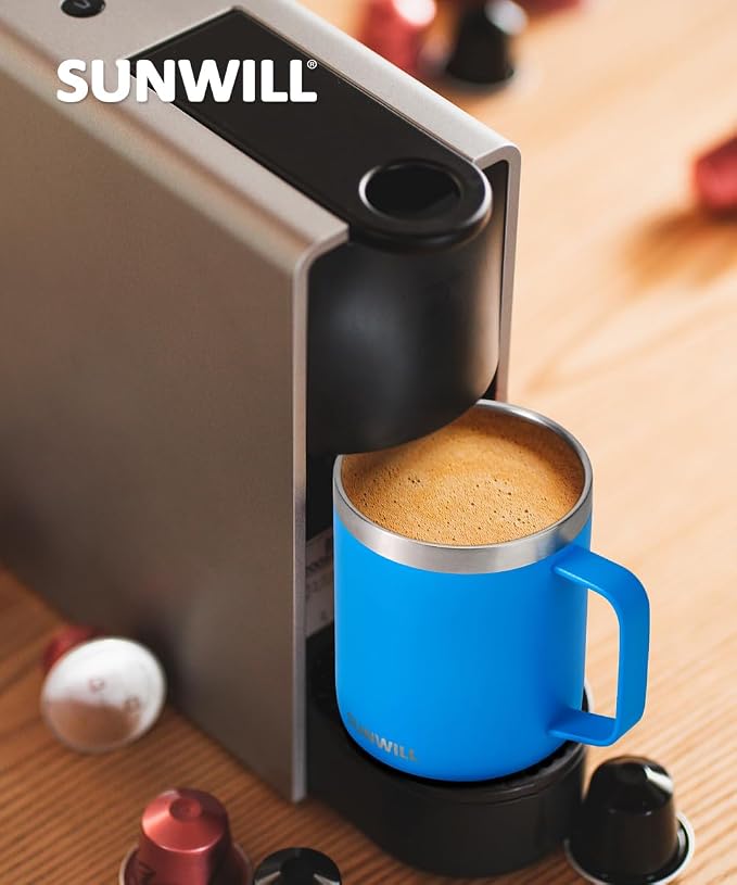 SUNWILL Insulated Coffee Mug, Stainless Steel 14 oz, Splash-Proof Lid | Keeps Drinks Hot & Cold, Powder-Coated Royal Blue Finish, Dishwasher Safe, Ideal for Home & Office