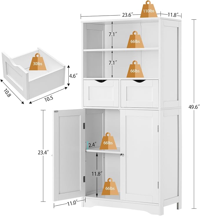 Iwell Tall Bathroom Cabinet, Storage Cabinet with Adjustable Shelves, Bathroom Storage Cabinet for Living Room, Dining Room, Entryway, White