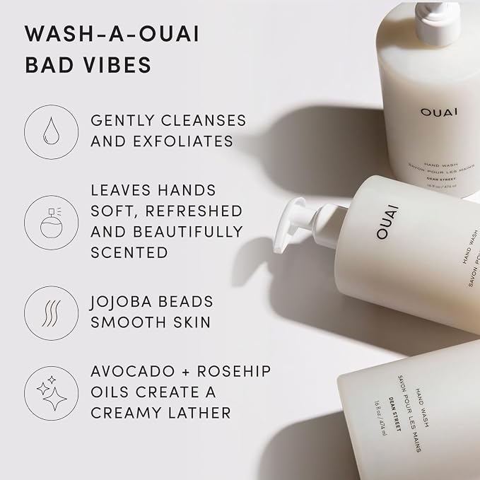OUAI Hand Wash, Dean Street - Liquid Hand Soap with Jojoba, Avocado, & Rose Hip Oil for Replenished Skin - Gentle Exfoliating Kitchen & Bathroom Soap (16 Fl Oz)
