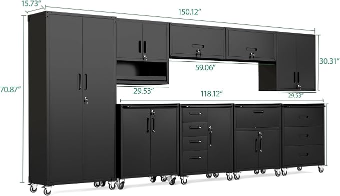 9-Piece Heavy Duty Steel Garage Cabinet System | All-in-One Modular Garage Cabinet Set for Ultimate Workshop Organization | Easy Assembly Garage Storage Cabinets & Tool Bench (Black)