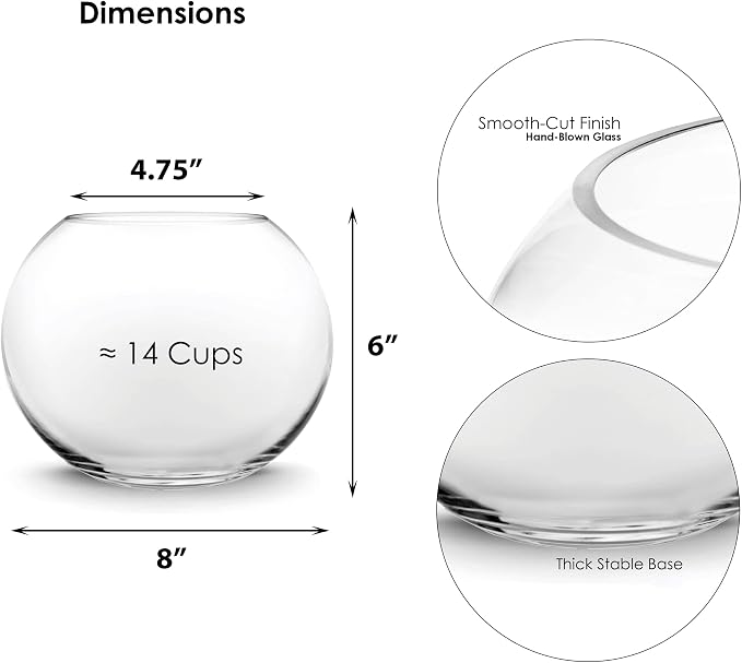 CYS EXCEL Glass Bubble Bowl (H-6" W-8", Approx. 3/4 Gal.) Small Fish Bowl Round Terrarium Vase Globe Flower Centerpiece for Weddings Events Arrangements
