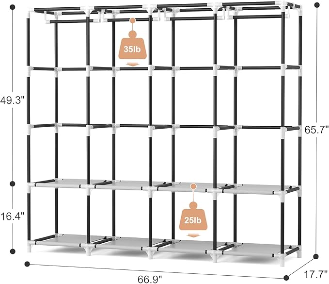 VTRIN Portable Closet for Hanging Clothes 67 Inch Wide Large Capacity Portable Wardrobe Closet with Cover, 4 Storage Shelves and 4 Hanging Rod Sturdy Free Standing Closet for Bedroom, Black