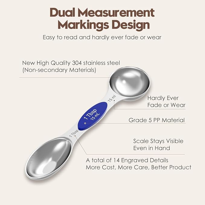 Magnetic Measuring Spoons Set of 8 - Heavy Duty 304 Stainless Steel, Triple Measurement Markings, Strong N52 Magnets, Easy to Clean, Space-Saving with Leveler Included (Colorful)