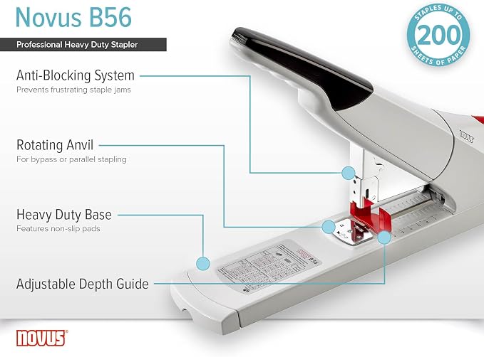 Novus B56 Heavy Duty Stapler, 200 Sheet Capacity, Anti-Jam, 3" Stapling Depth w/ Adjustable Guide, Staple Bypass, German Engineered (023-0059)