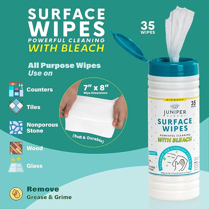 Juniper CLEAN 1 Pack Surface Cleaning Wipes with Bleach, All-Purpose Cleaner for Bathroom, Kitchen, Office, 35 Count Canister, 7.5" x 7" Sheet, Fresh Scent, Lint Free & Durable