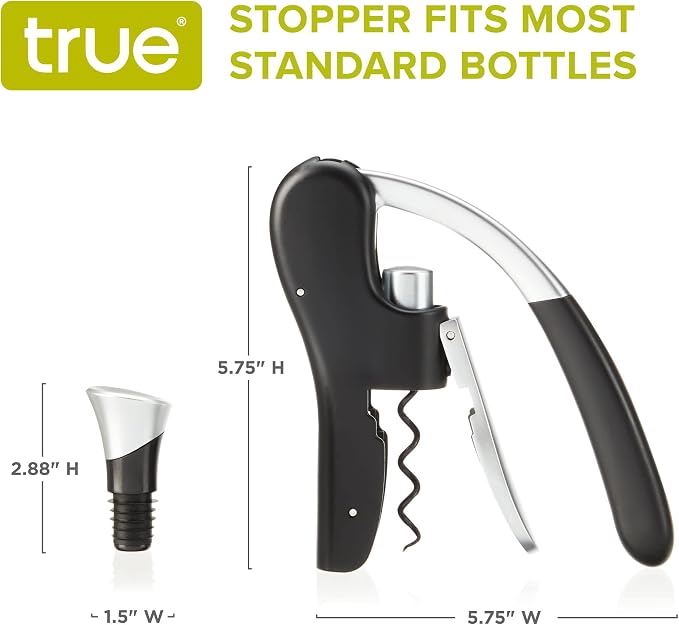 True Lever Corkscrew Manual Stoppers Top-Notch Cork Bottle Opener with Ergonomic Handle and Wine Preserver, Set of 3, Black