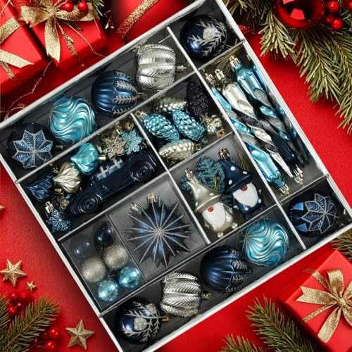 68PCS Christmas Tree Ornaments Set, Blue Navy Gold Christmas Balls and Assorted Decorations, Shatterproof Hanging Ornaments with Hooks for Xmas Tree, Holiday Party Home Decor