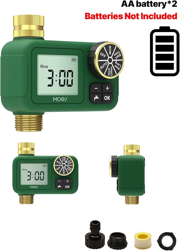 MOES 1 Zone Water Timer for Garden Hose, 3/4 in Brass Inlet and Outlet, Battery Operated Sprinkler Timer, Programmable Faucet Valve, Rain Delay, Manual Watering, Non-WiFi