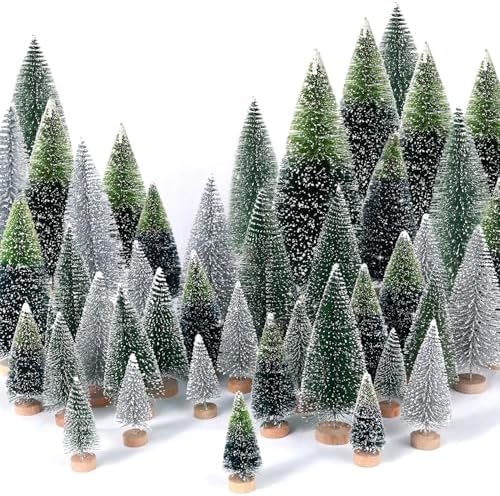 30Pcs Mini Christmas Trees Artificial Christmas Tree Bottle Brush Trees with Wooden Base for Christmas Decor Christmas Party Home Table Craft Decorations(Dark Green+Silver)