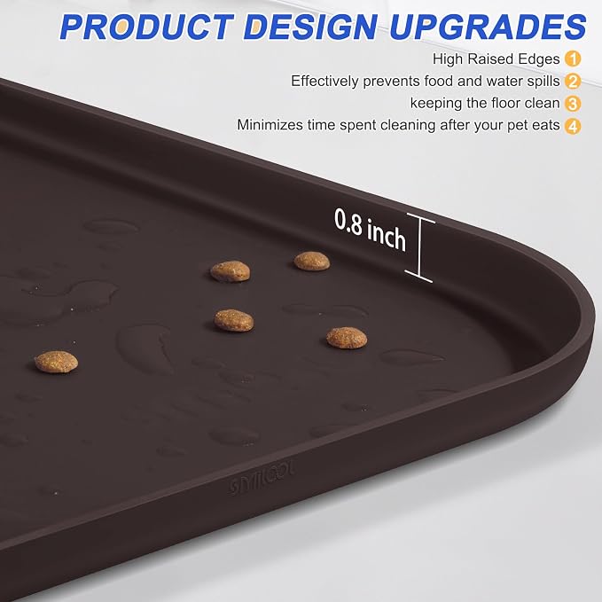 SMILOOL Waterproof Silicone Pet Food Mat with Raised Edge for Dog & Cat | 22" x 14" Non-Slip Pet Feeding Mats with Lip for Food & Water Bowl, Food Grade, Easy Cleaning, Dark Brown