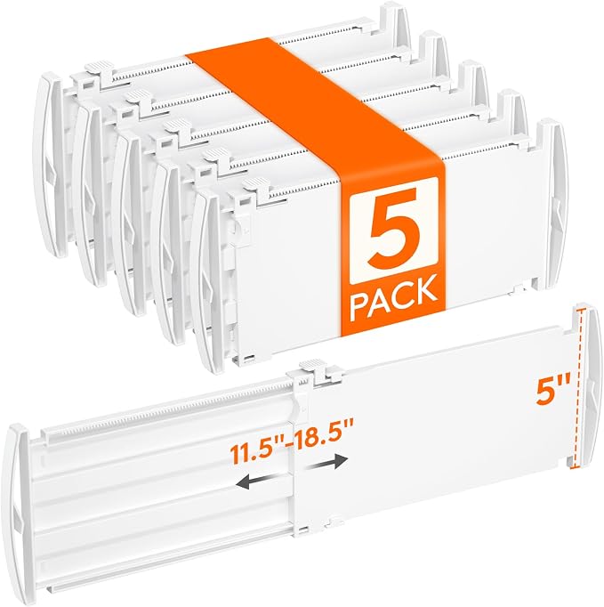 Lifewit 5" High 5 Pack Drawer Dividers, 11.5"-18.5" Adjustable Deep Drawer Organizer Clothes, Expandable White Plastic Separators for Dresser, Kitchen, Cabinet, Nursery, Office Organization & Storage