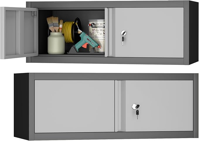 GREATMEET Metal Garage Storage Cabinets, Lockable Storage Cabinet with Doors, Wall Mount Cabinet Storage with Lock, Hanging Floating (Grey, 13" H)
