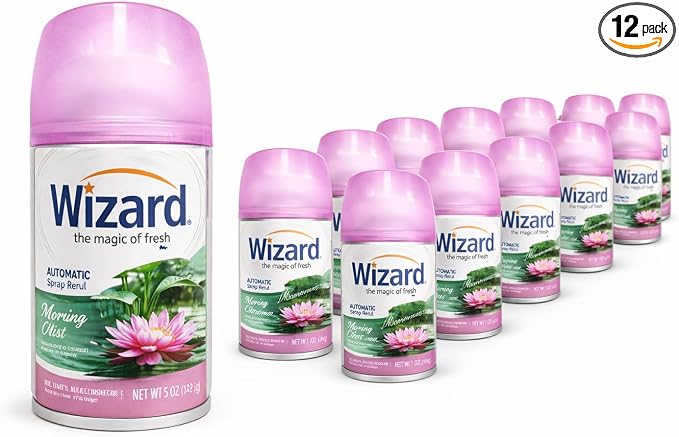 Wizard Automatic Spray Refill Morning Mist 12-Pack, Air Freshener Refills (5.0 oz Each), Compatible with Air Wick & Glade Automatic Spray Dispensers