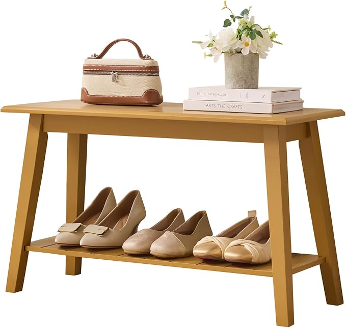 KB Designs - Contemporary Rectangle Storage Bench with Streamlined Design Polished Bottom Shelf for Books Shoes and Magazines Versatile Seating and Entryway Organization - Honey Mustard