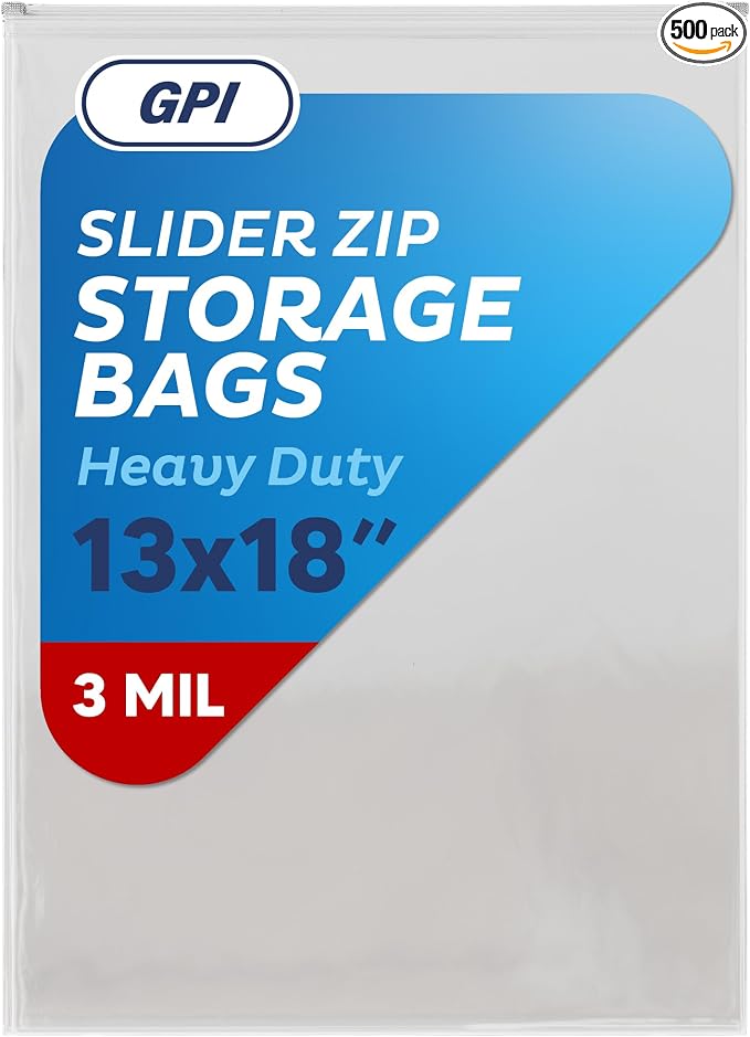 500 Count - Slider Zip 2.5 Gallon Jumbo Food Storage Bags, 13" x 18" 3 Mil Heavy Duty, Extra Large, Strong & Durable For Freezer Storage. GPI