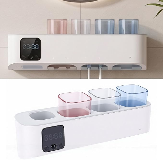 Pomya Toothbrush Sanitizer Holder Wall Mounted, Rechargeable Electric Toothbrush Holder with LED Display, UVC Cleaner and Dryer, 5 Slot Organizer with Cups for