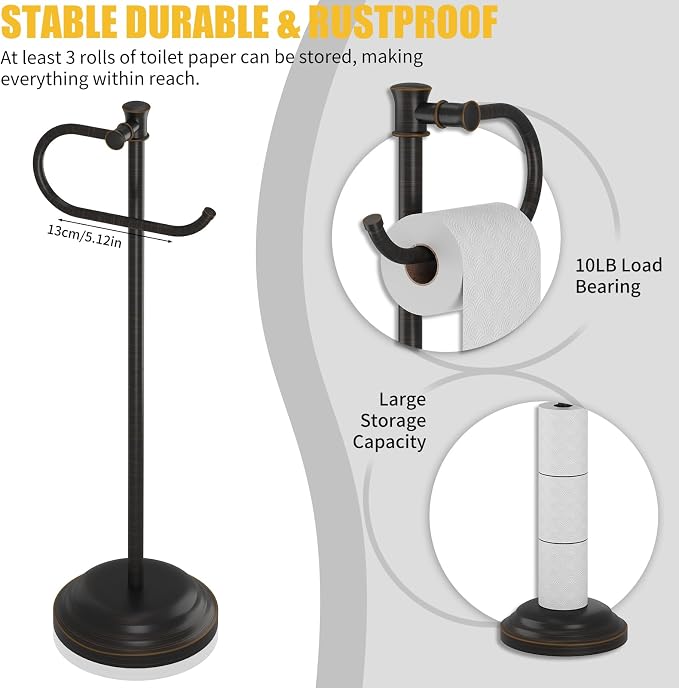 BESy Toilet Paper Holder Free Standing Bathroom Toilet Tissue Holder Stand for Floor Toilet Paper Roll Holder with Storage Hardware Accessories Rack Hand Towel Bar Oil Rubbed Bronze Stainless Steel