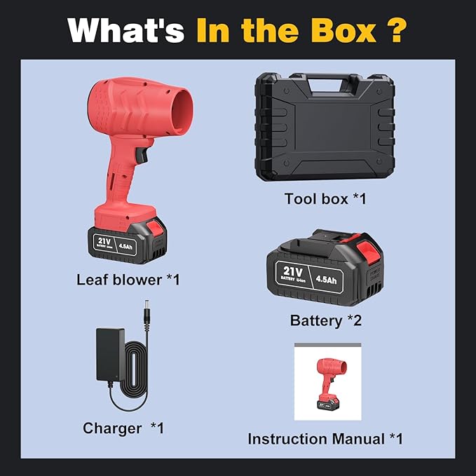Electric Mini Leaf Blower, Powered Handheld Blower Leaf, Adjustable Wind Speed Cordless 21V Battery Blower with 2 Rechargeable Batteries and Charger, Toolbox, for Yard Leaf & Snow Removal(Red)