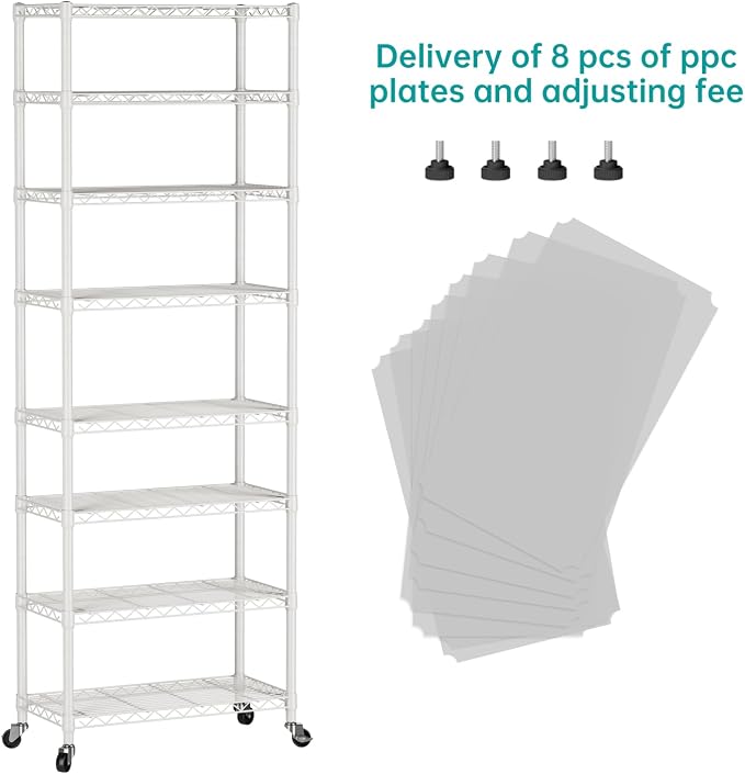 SINGAYE 8 Shelves Storage Wire Shelf Closet Metal Shelving Pantry Wheels | Shelf Bathroom Organizers Metal Kitchen Garage Shelving Unit Laundry Room Organization Home Rack Net Basket with Wheels