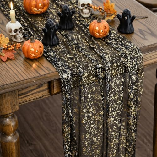 Artoid Mode 2-Pack Black Gold Gauze Table Runner 10FT, Glitter Metallic Foil Sheer Dining Wedding Anniversary Holiday Birthday Table Decor for Home Party