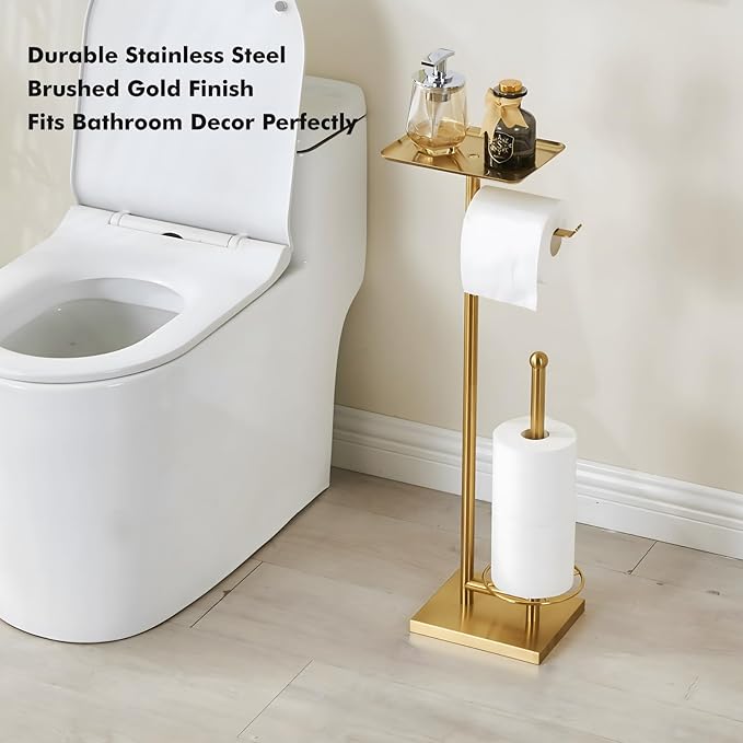 Toilet Paper Holder with Tray At the Top, Heavy-Weighted Base No Wobbly, Freestanding Toilet Paper Rolls Stand, Hold Extra 3 Paper Rolls On the Base (Gold)