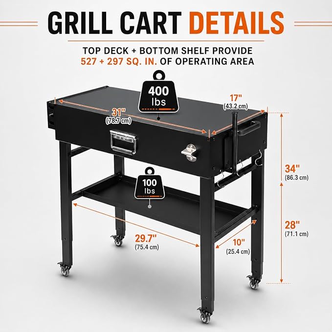 Foldable Grill Cart for Blackstone 17/22, Ninja Woodfire OG700, Ooni Pizza Oven – Portable Grill Table with Wheels, Dual-Shelf BBQ Prep Station with Caddy & Hooks, Compact Camping Griddle Stand