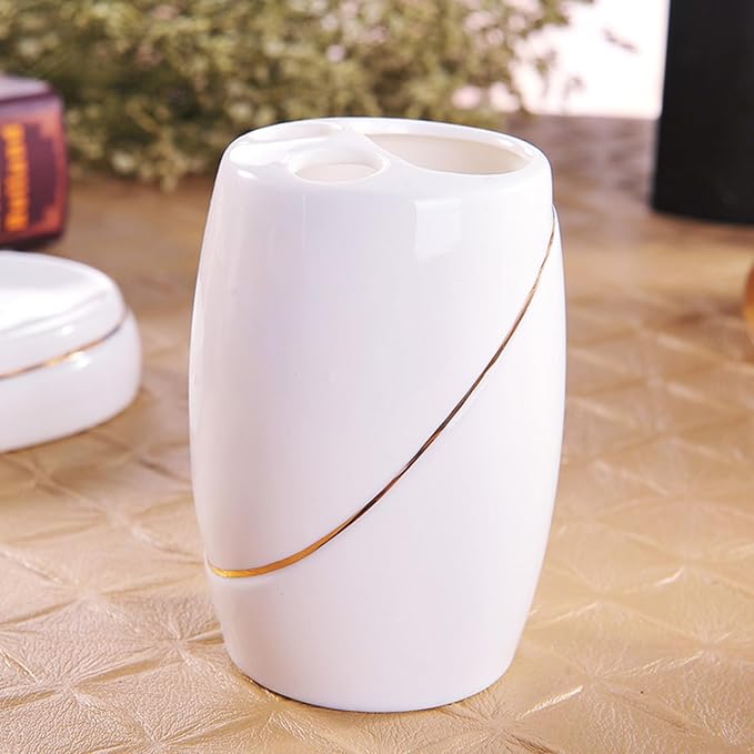 Soap Dispenser Set White, Set of 5 Bathroom Accessories, with 2 Toothbrush Cups, Soap Dish, Toothbrush Cup, Ceramic Soap Dispenser, for Bathrooms, Apartments, Dormitories,White Gold