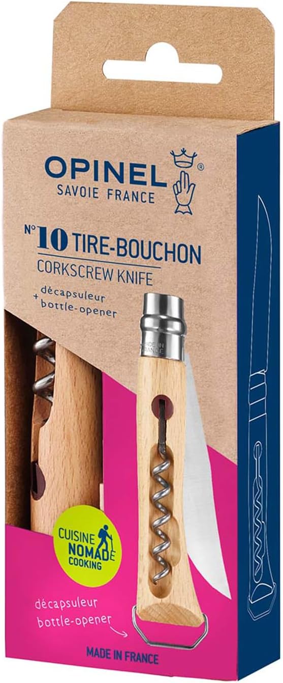 Opinel No. 10 Stainless Steel Corkscrew Wine and Cheese Folding Knife, Integrated Corkscrew + Bottle Opener, Beechwood Handle - Picnic Pocket Knife Made in France (Updated Version)
