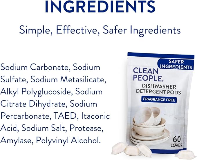 The Clean People Dishwasher Pods - Cuts Grease & Rinses Sparkling Clean - Residue-Free - Phosphate Free Dishwashing Pods - Fragrance Free, 30 Pack