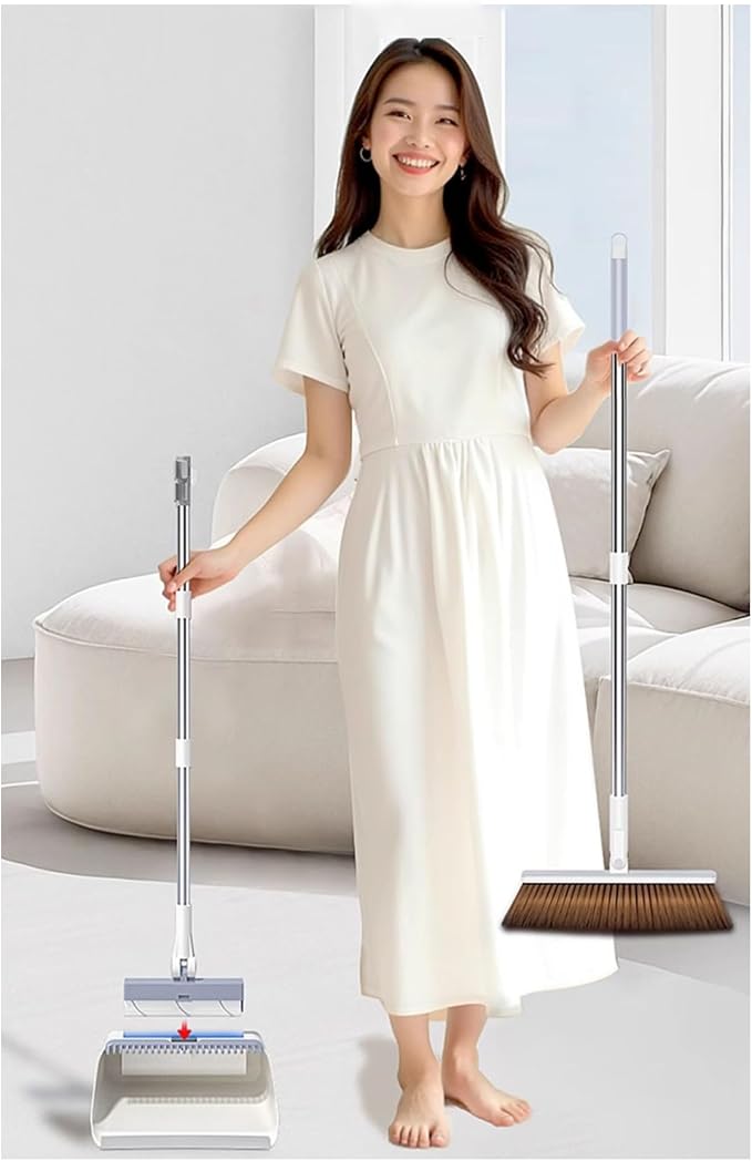 SDSM Broom with Dustpan Combo Set, 3 in 1 Multifunctional Broom and Dustpan with 43" Long Handle, Concealed Lint Roller, for Clean Home Kitchen Bathroom Office, Indoor Outdoor Floor
