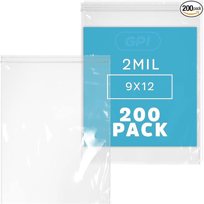 GPI - 9" x 12" Zip Bags, 200 Count, 2 Mil, Clear Plastic Reclosable Zipper Poly Baggies, with Resealable Zip Top Lock. for A4 Letter Size Paper, Apparel, Clothing, Food, Home & Office Supplies.