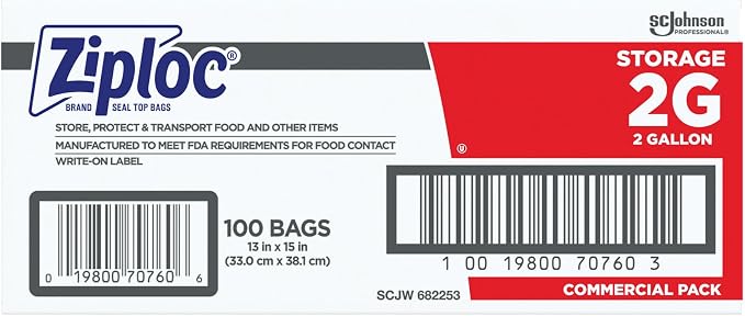 SC Johnson Professional Ziploc Brand Food Storage 2 Gallon Bags, Food Storage Ziploc Brand Bags, Commercial Pack, 100 Count Box, for Professional Use Only
