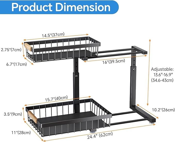 PXRACK Under Sink Organizer, Adjustable Height, 2 Tier Pull Out Under Cabinet Organizer, Slide Out Thickened Metal Under Sink Storage for Kitchen Bathroom Laundry Pantry Cabinet, Black, Large-1-Pack