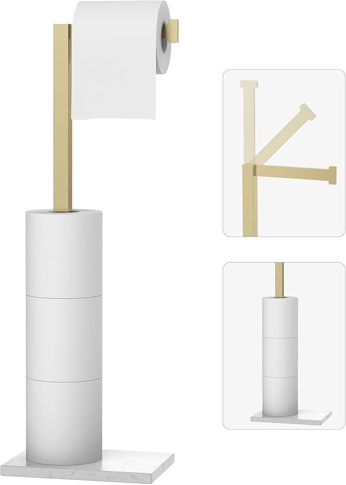 Toilet Paper Holder Stand Brushed Gold SUS 304 Stainless Steel Rustproof Free Standing 22 Inch Rotating Bathroom Tissue Roll Holder for 4 Rolls with Marble Base by HOMEMYSTIQUE