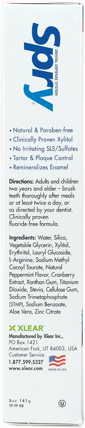 Spry Natural Fluoride Free Xylitol Toothpaste, 5oz Peppermint (Pack of 6) | Gentle for Sensitive Teeth Whitening and Remineralizing, Bad Breath Freshening, Dry Mouth Moisturizing, for Adults and Kids