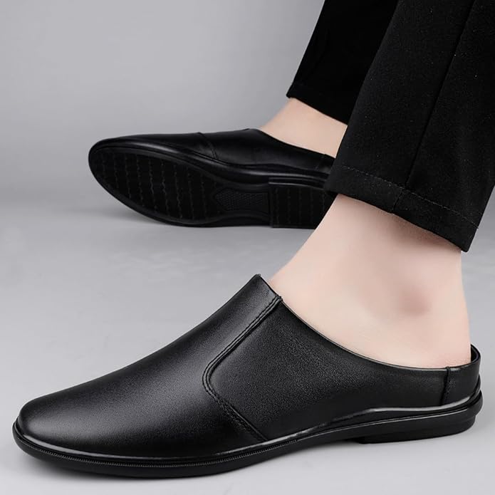 Men'S Leather Slippers Without Heel Straps Soft And Breathable Comfortable Hand-Sewn Casual Round-Toe Shoes Anti-Slip Sole Suitable For Daily Use Outdoor Activities Home Use Shopping